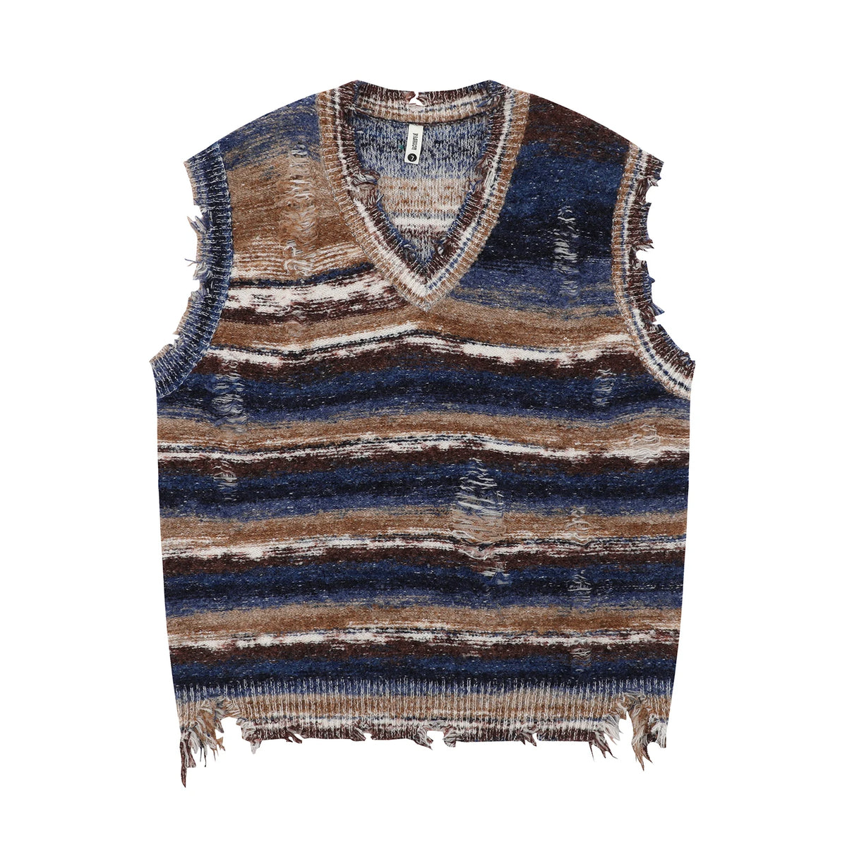 Hehope Vintage Gradient Stripe Baggy Knitted Sweater Vest Washed Ripped Red Sweater Tank Top Y2k Tie Dyeing V-Neck Sleeveless knitwear