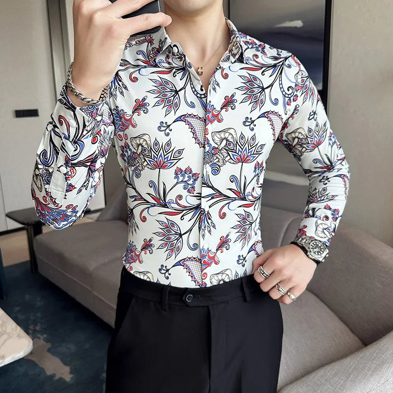 Hehope Autumn Flower Printed Shirt for Men Long Sleeve Lapel Casual Shirts Fashion Slim Fit Business Social Dress Shirts M-6XL