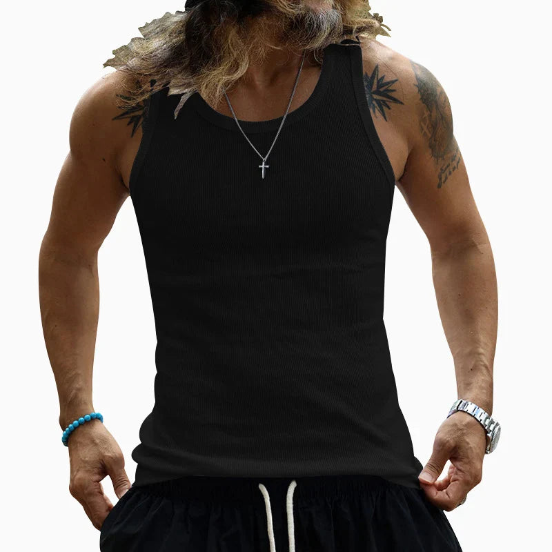 Hehope Elastic Slim Fit Knit Vest Mens Summer New Casual Solid Color Ribbed Knitted Tank Tops For Men Leisure Crew Neck Sleeveless Tee