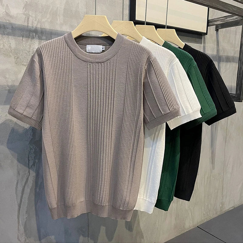 Hehope 2024 Spring Summer Casual Knitwear Men Short Sleeve O-Neck Knitted T Shirts Fashion Striped Crochet Slim Stretch Knit Pullovers