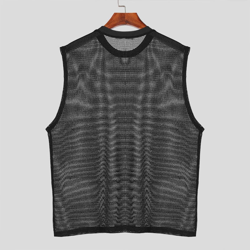 Hehope 2024 Summer Hip Hop Mens Tank Tops See Through Hollow Out Breathable Mesh Vest Sexy Men Sleeveless O Neck Loose Casual Camisoles