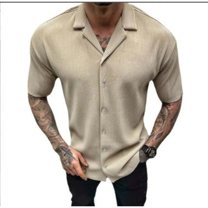 Hehope Street Trend Summer Solid Cardigan Short Sleeved Men's Stand Collar Button Patchwork Casual American Fashion Versatile Thin Tops