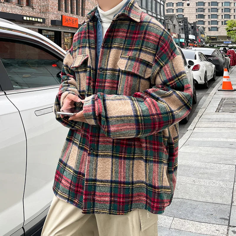 Hehope Thick Plaid Woolen Coat Men Warm Oversized Retro Thickened Woolen Jacket Mens Streetwear Korean Loose Short Woolen Coat Men