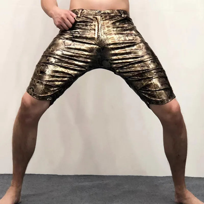 Hehope Gold Silver Snake Pattern Shinny Leather Shorts Men's Costumes Anti-bright PU Shorts Sexy Nightclub Elasticity Motorcycle Shorts