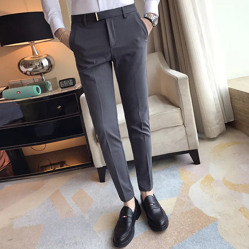 Hehope Mens Striped Suit Pants Formal Pants Summer New High Quality Fashion Solid Color Casual Stretch Slim Trousers Mens Clothing