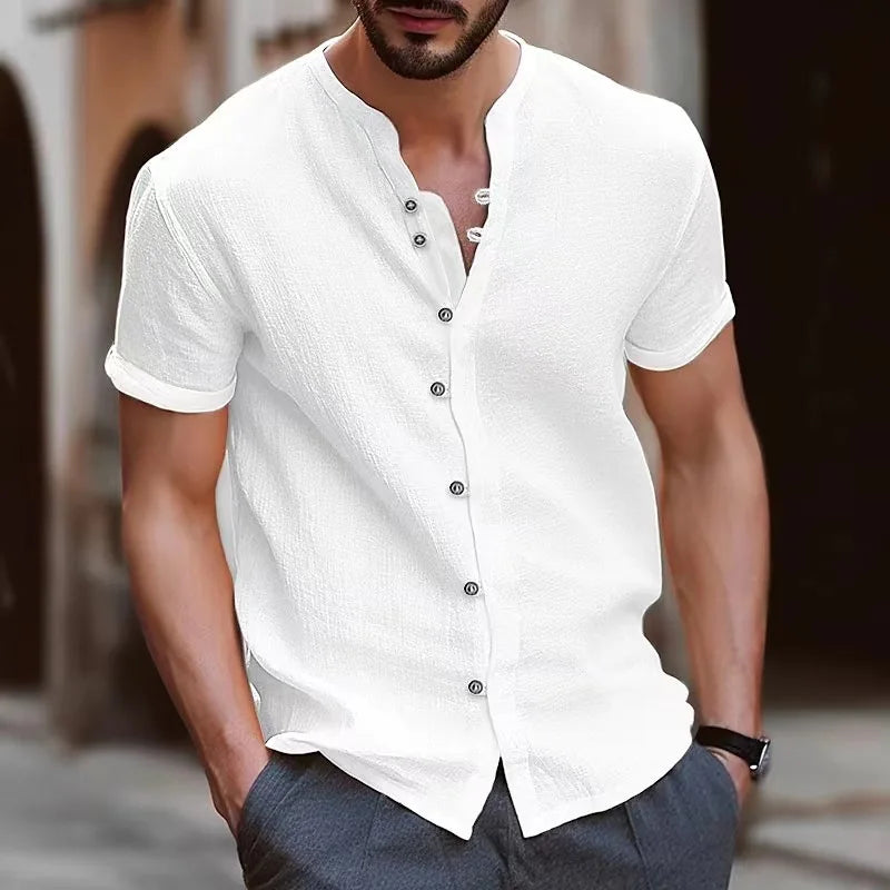 Hehope Summer Men's Casual Cotton Linen Shirt New Henley Collar Short Sleeve Button Loose Hawaii Top Solid Color Handsome Male Shirt