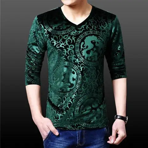 Hehope New Men's Clothing Shirt V-Neck Long Sleeve Spring Autumn Slim Fashion Casual Bold All-match Comfortable Pullovers