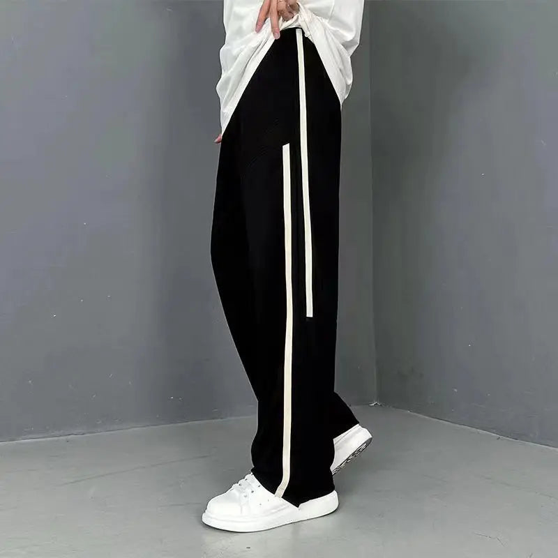 Hehope Loose Versatile Straight Sports Pants Men's Solid Patchwork Stripes Elastic Waist Drawstring Autumn New Trend Wide Leg Trousers