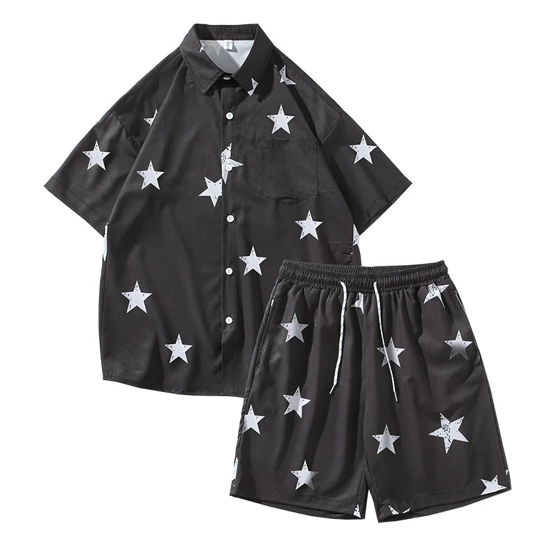 Hehope Summer Two-piece Men's Sets Shirt and Shorts Star Print Thin Silky Leisure Suit Clothes Oversize Outfits Male Black White