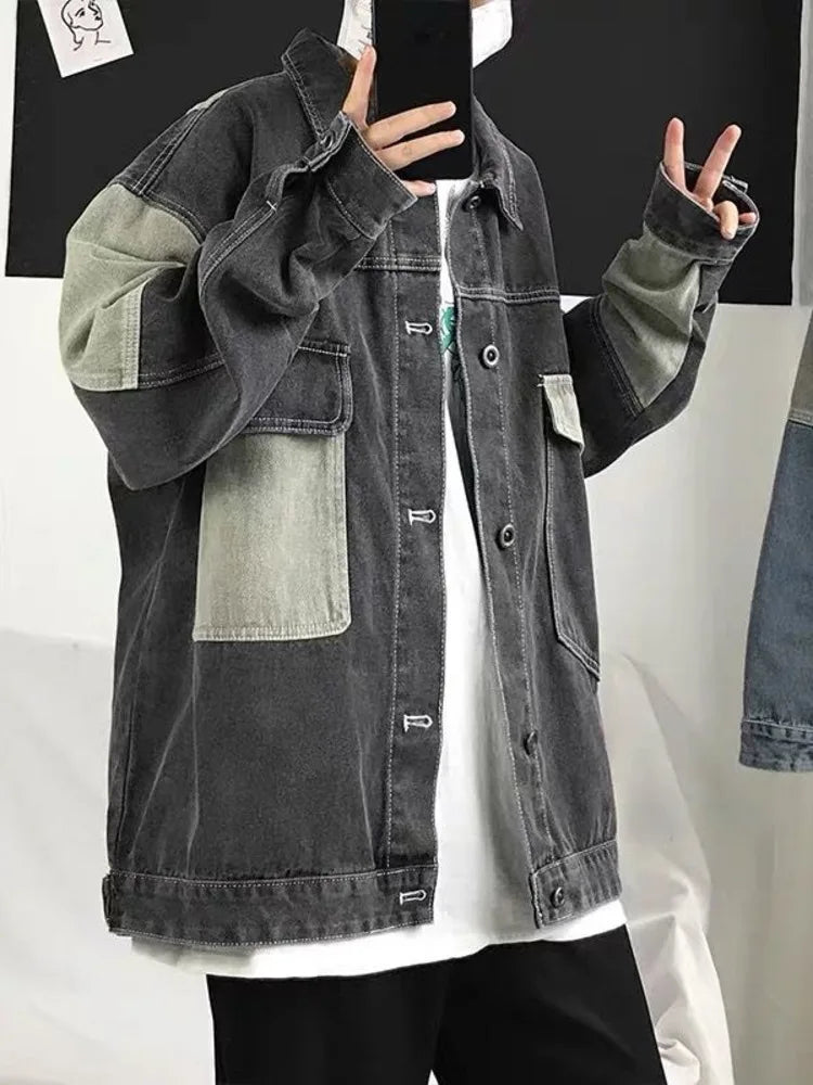 Hehope Patchwork Denim Jacket Men Korean Version Trend Versatile Loose Handsome Workwear Casual Autumn Tide Coat Men Clothing Outwear