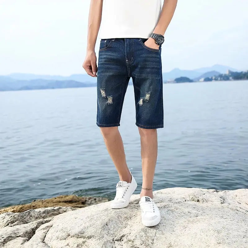 Hehope 28-40 New Summer Men's Personalized Washable Perforated Denim Pants Large Casual Middle Pants