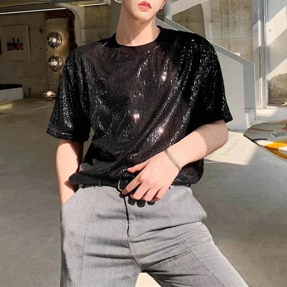 Hehope Mens Sequin Casual T-shirt Genderless 2024 New Fashion Nightclub Personality Versatile Performance Short-sleeved Top Unisex