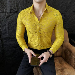 Hehope Sexy Semi Transparent Men's Through Flower Lace Sheer Shirt 2024 Summer New Long Sleeve Slim Fit Party Prom Social Shirts