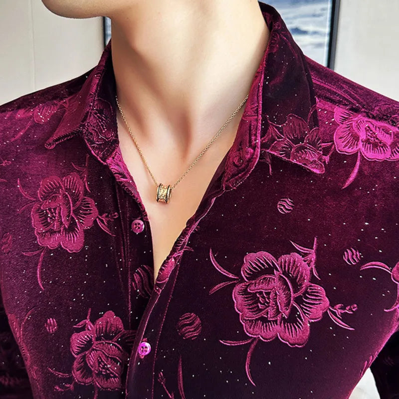 Hehope Velvet Floral Pattern Men's Shirt Slim Chemise Homme Shirt Camisa Masculina Fall  Streetwear Social Party Nightclub Singer