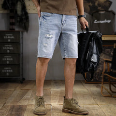 Hehope Summer Thin Scrape Ripped Men's Jeans Shorts 2024 New Retro Distressed Slim Straight Ins Washed Light Blue Cropped Pants