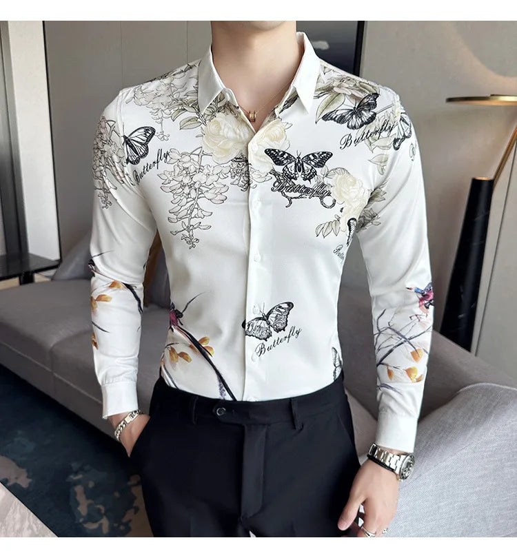 Hehope Fashion Butterfly Printed Shirt for Men Summer Long Sleeve Casual Shirts Streetwear Social Party Nightclub Camisa Masculina