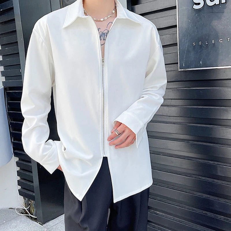 Hehope Simplicity Loose Solid Turn-down Collar Handsome Spring Summer Long Sleeve Shirts Man Men's Clothing Zipper Streetwear Casual