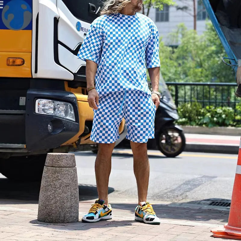 Hehope Summer New Men Two Piece Set 3D Plaid Splicing Print Male Short Sleeve O-neck T-shirt And Shorts Loose Sports Suit Men Outfits