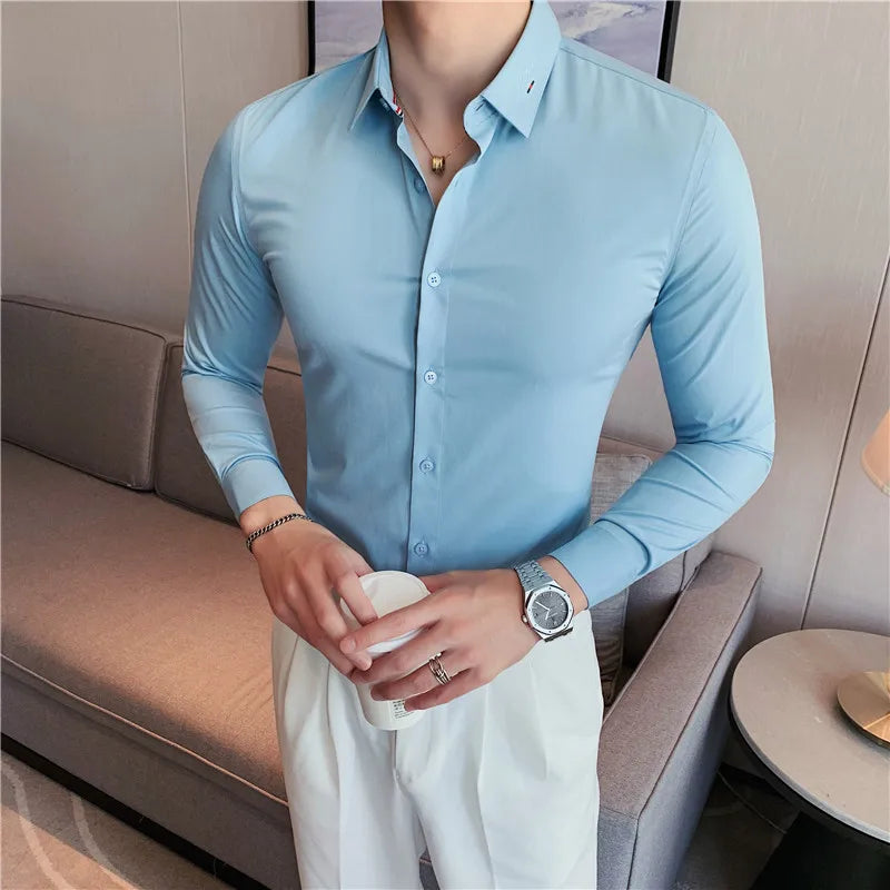 Hehope British Style Men Long Sleeved Shirt 2024 Autumn Anti-wrinkle Soft Solid Casual Elastic Slim Fit Camisas Y Blusas Men Clothing