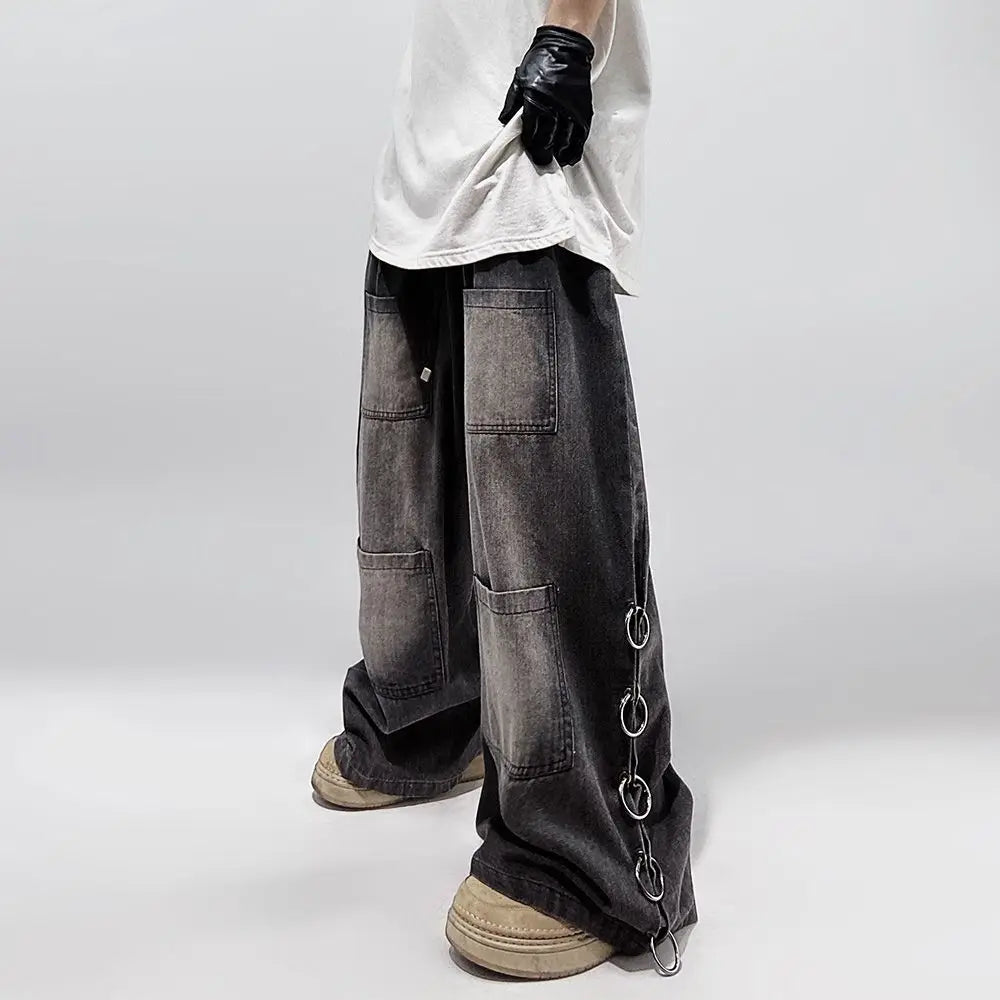 Hehope  American Style Oversized Pocket Retro Baggy Jeans Men Y2k Hip Hop Punk Wide Leg Straight Overalls Black Denim Pants Streetwear