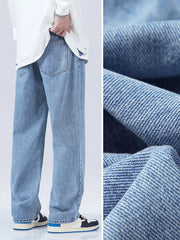 Hehope New Autumn Blue Jeans Men Korean Vintage Banding Waist Denim Cotton Casual Wide-Leg Long Pants Straight Baggy Jean Trousers