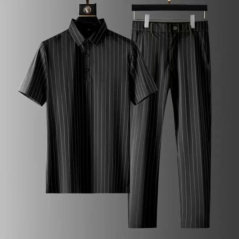 Hehope New Short-sleeve Thin Stripe Shirt + Trousers Two-piece Suit Mens Short Sets Business Casual Outfits Men Summer Luxury Clothing