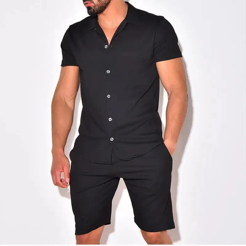 Hehope Spring Summer Two Piece Sets Men Casual Solid Rib  Short Sleeved Shirts Shorts Suits Drawstring Pocket Set Holiday Beach Outfits