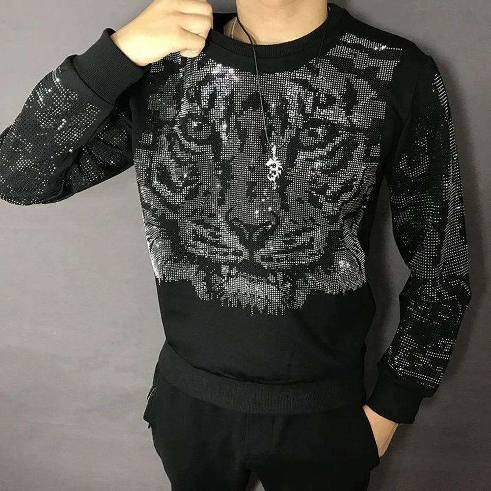 Hehope Mens Autumn Winter Fashion Tiger Head Diamond Long-Sleeve T Shirt Nightclub Personality Youth Trend Heavy Industry Top For Men