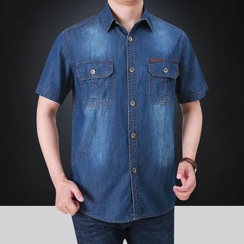 Hehope Summer New Simple Polo Collar Men Denim Short Sleeve Shirt Comfortable Thin Mens Top Casual Loose Male Shirts