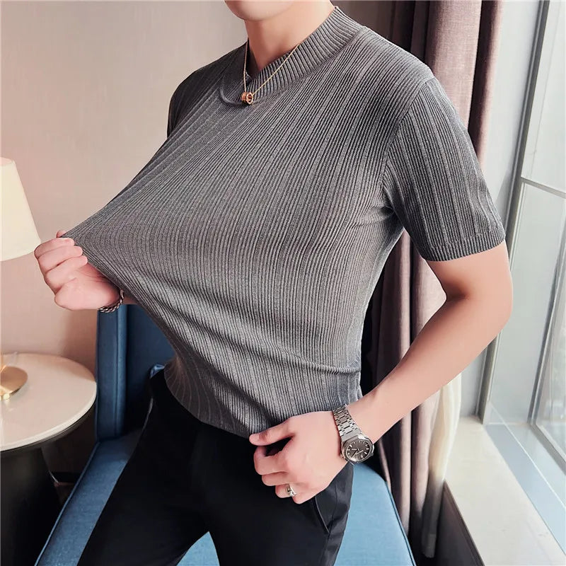 Hehope Men Short Sleeve T-Shirt Knitted Pullover 2024 Summer High Elastic Solid Casual Stripe Slim Fit Half High Collar Knit Sweater