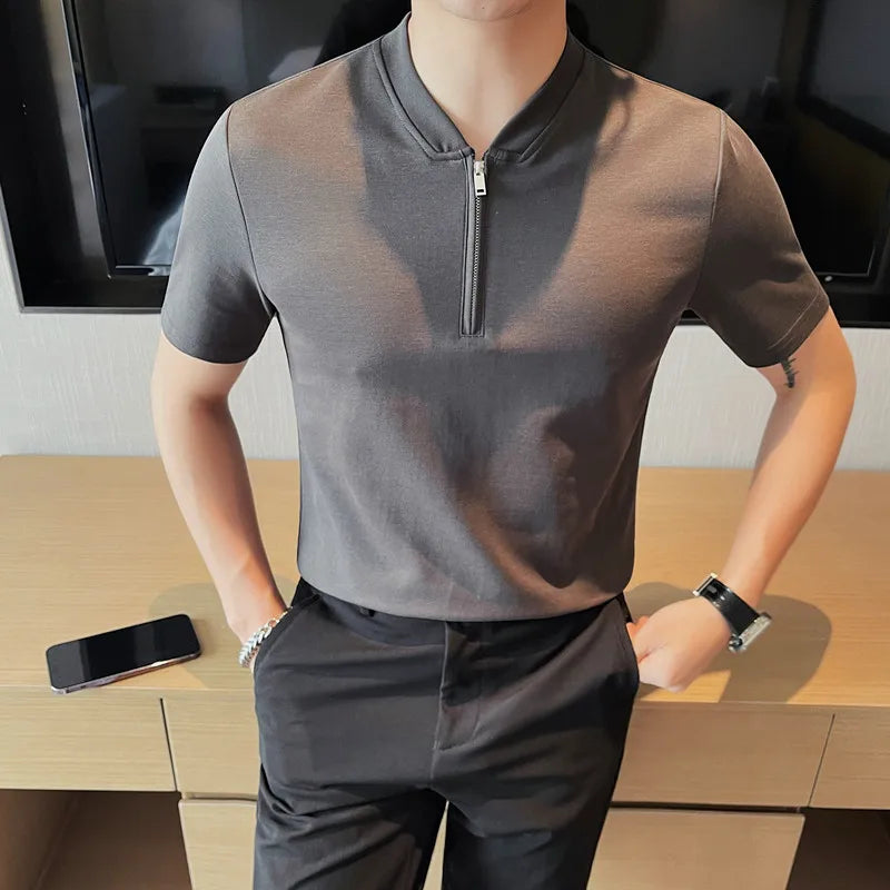 Hehope Korean Zippered Polo Shirt for Men Short Sleeve Casual T-shirts Fashion Business Collarless T-shirt Social Office Tee Tops M-4XL