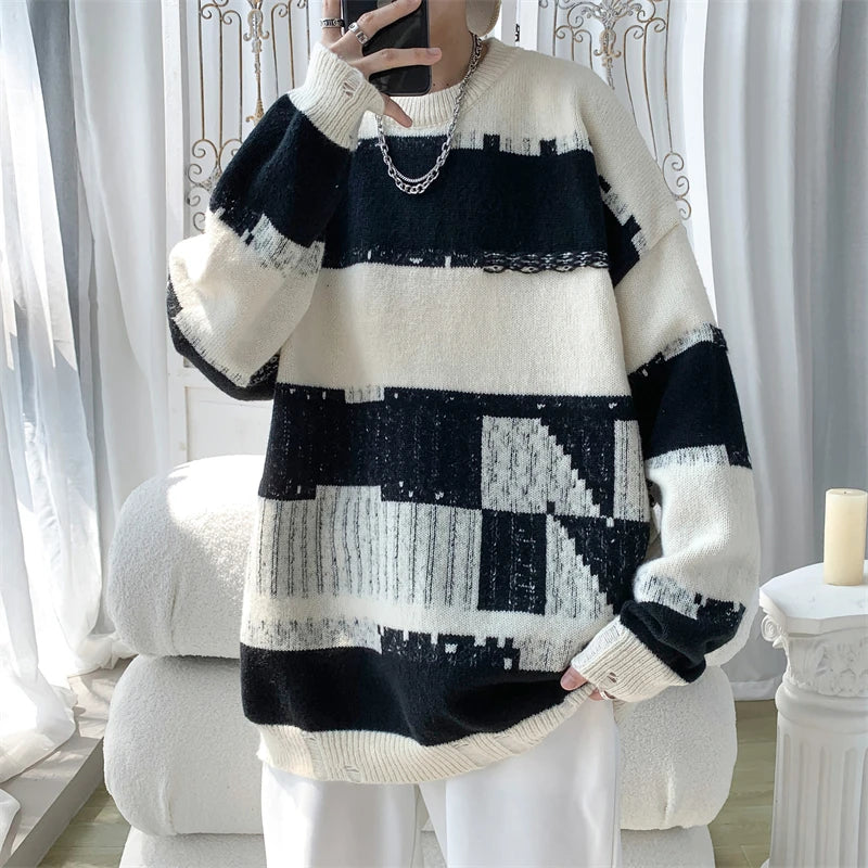 Hehope Korean Fashion Men's Plus Size Sweater Striped Loose Round Neck Knitted Top Autumn New Casual Pullover Sweaters