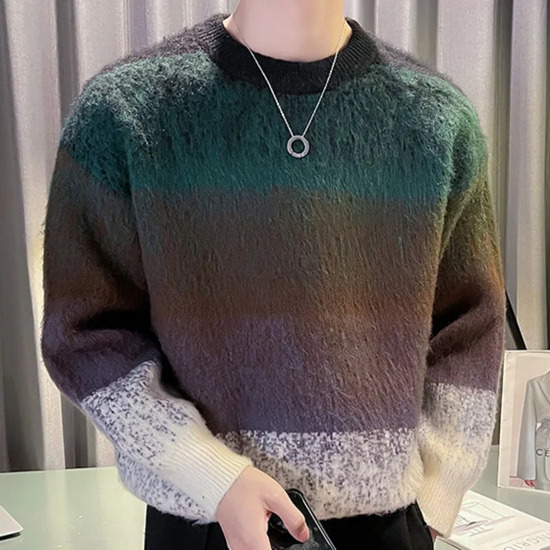 Hehope Plaid Contrasting Color Stitching Print Knitted Sweater Men Pull Homme O-Neck Pullover Korean Sweater Color Fall Winter Sweater