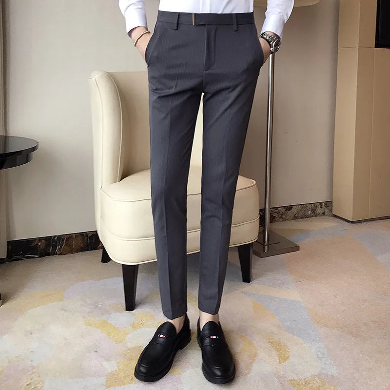 Hehope Mens Striped Suit Pants Formal Pants Summer New High Quality Fashion Solid Color Casual Stretch Slim Trousers Mens Clothing