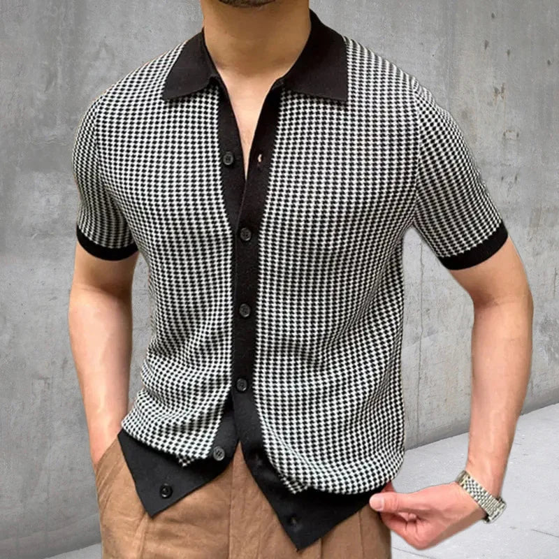 Hehope Leisure Knitting Mens Shirt Short Sleeve Button Turn-down Collar Houndstooth Knit Tops Beach Men Summer Casual Solid Color Tops