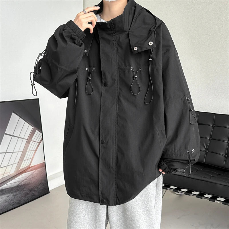 Hehope Hip Hop Techwear Jackets Coats Drawstring Streetwear Cardigan Casual Bomber Outerwear Hooded Waterproof Jacket Men Spring