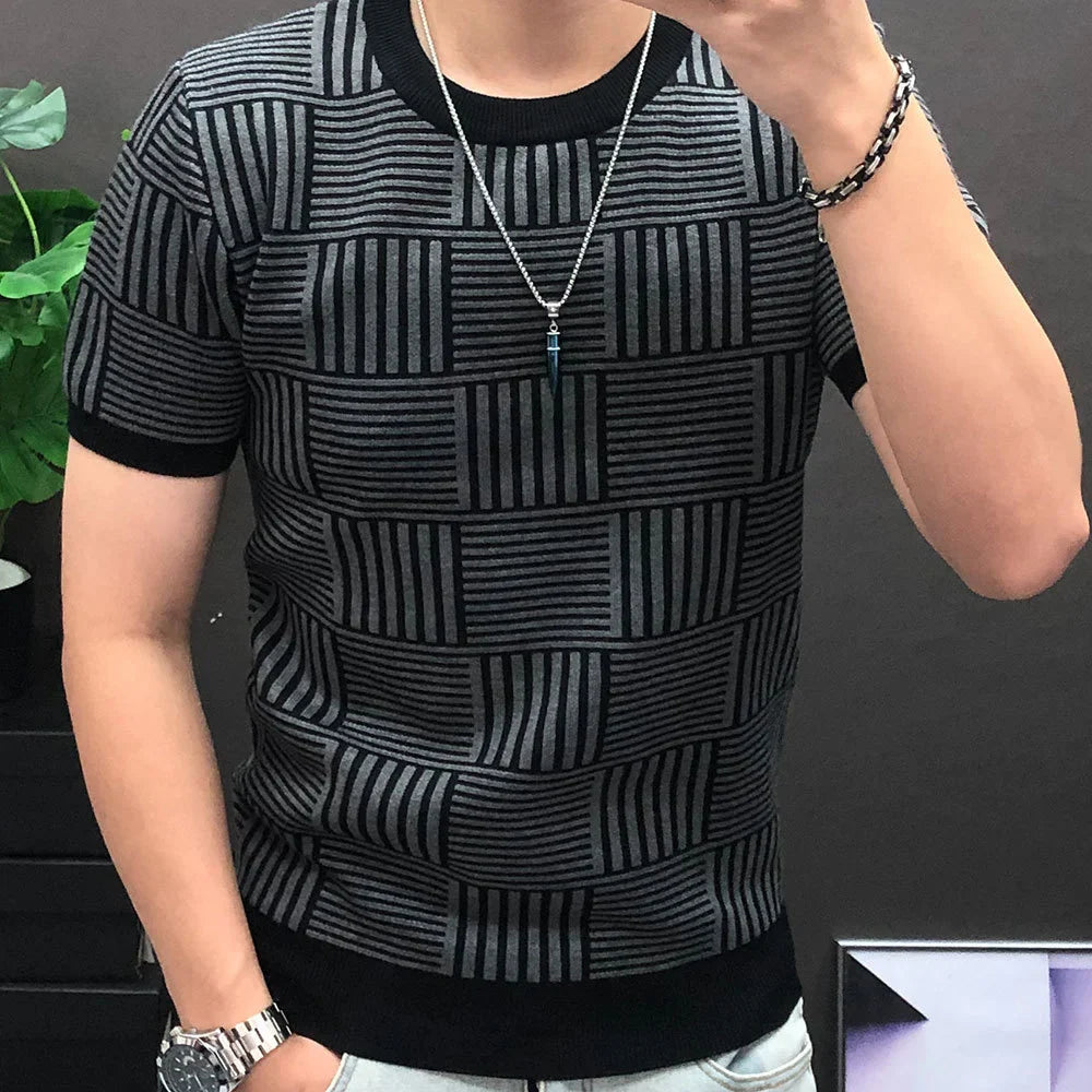 Hehope Diamond Check Contrast Knit T-Shirt High Elasticity Short Sleeve Slim Bottomed Tshirt Men Top Quality Streetwear Knitted Top