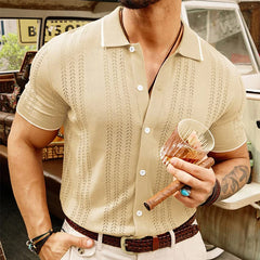 Hehope Retro Striped Knitted Lapel Mens Shirt Short-sleeved Buttoned Knitting Shirts For Men Summer Casual Slim Fit Knit Cardigan Tops