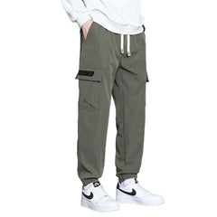 Hehope Spring Autumn New Solid Color Fashion Elastic Waist Cargo Trousers Man High Street Casual Pockets Drawstring Ankle Length Pants