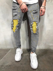 Hehope Men's Casual Creative Street Style High Stretch Paint Splatter Ripped Design Slim Fit Jeans Denim Pants For Spring Summer