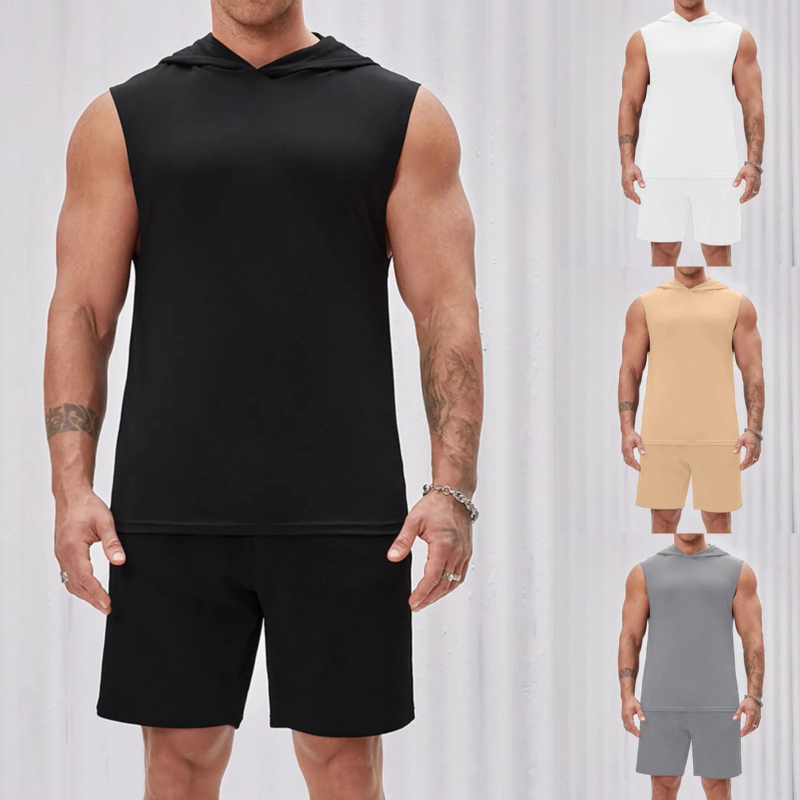 Hehope Summer Two Piece Set Sportswear Suit Mens Clothing Loose Vest T-shirt Hooded Sports Fitness Tank Top+Shorts For Men Outfits