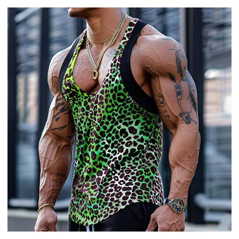 Hehope Men's Sexy Leopard Print Vest Casual Personality Punk Sleeveless Tee Men's Leopard Print Sleeveless T-shirt Male Sports Tank Top