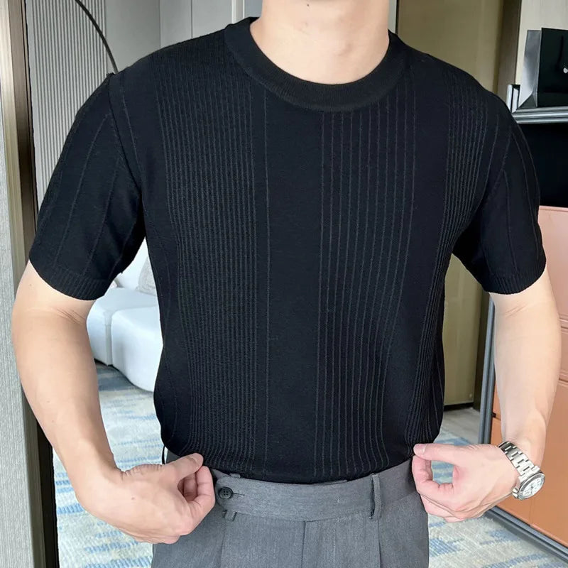 Hehope Knitted Short Sleeved T-shirt Men Summer Streetwear Korean Solid Color Top Camisa Masculina Tee Shirt Homme Black White