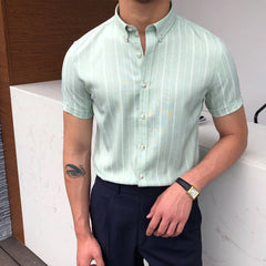 Hehope Italian Summer Men Short Sleeve Striped Shirt British Casual Slim Shirt Retro Shirt Dress Camisa Masculina Social Summer