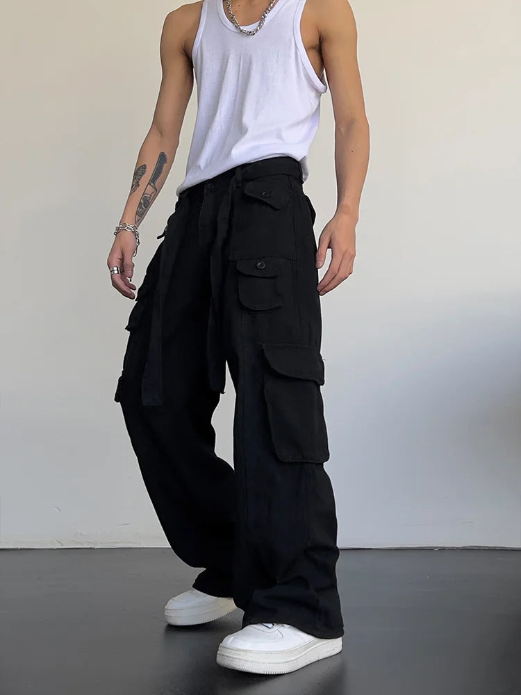 Hehope High street retro casual large pocket overalls men's and women's new summer high waist loose straight tube draped wide leg pants