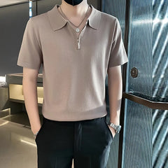 Hehope New Casual Solid Color Mens Polo Shirts Short Sleeve Zipper Polo Collar T Shirt Men Summer Fashion Slim Fit Pullover Tops Summer