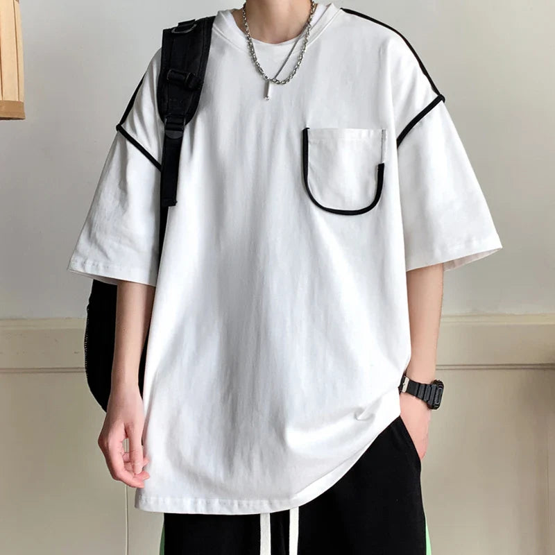 Hehope Summer Men's New Fashion T-shirts Round Neck Half Sleeve Pockets Young Hong Kong Style All-match Daily Loose Casual Tops