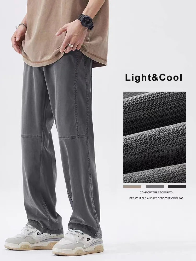 Hehope Summer Light&Thin Men's Pants Straight Loose Sweatpants Soft Lyocell Fabric Husband Home Casual Wide Leg Long Baggy Trousers