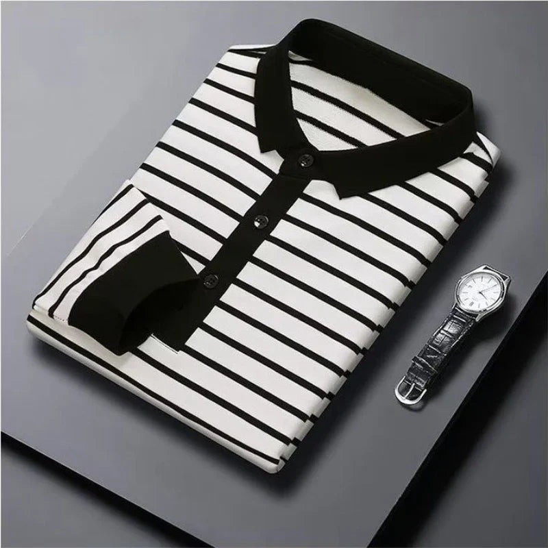 Hehope Men's Striped Long-sleeved T-shirt POLO Collar Spring/summer New Bottom Korean Version Slim Fitting Trend Stitching Button