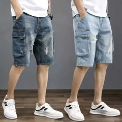 Hehope Short Jeans Pants for Men Straight Long Man Denim Shorts Ripped Knee Length Cargo Half Retro Jorts Buttons New in Korean Fashion